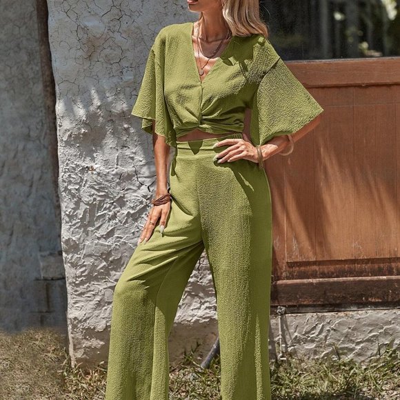 Boho Vibes Crop Top & Wide Leg Pants Coord set Green - Picture 4 of 5